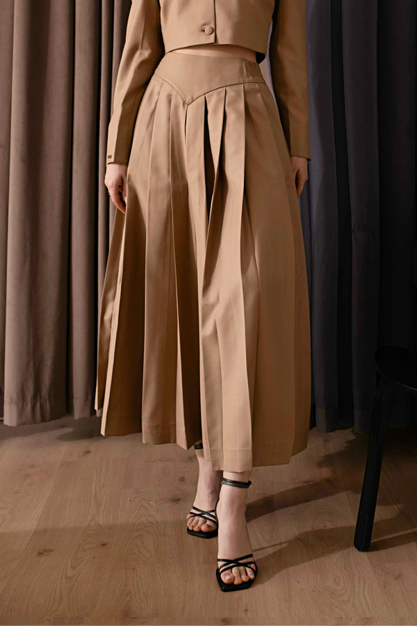 Khaki - Pleated Maxi Skirt